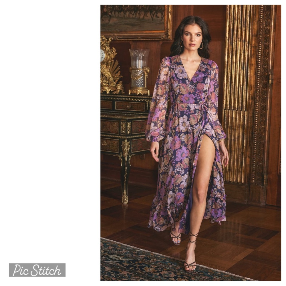 Lulu’s Feeling Sweet Purple Floral Print Long Sleeve Wrap Maxi Dress
